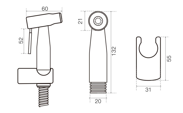 SUMO BS-01 bidet spray and wall holder dimension drawing, in millimetres SUMO BS-01 bidet spray and wall holder dimension drawing, in millimetres